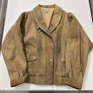 Vintage korea Leather Tan Suede Mixed Media Bomber Jacket Shawl Collar